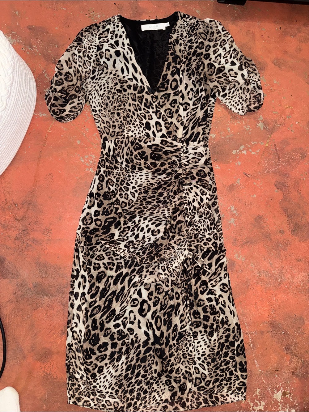ASTR Leopard Print V-Neck Midi Dress in Beige and Black
